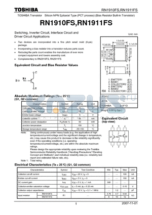 RN1910FS datasheet - Switching, Inverter Circuit, Interface Circuit and Driver Circuit Applications