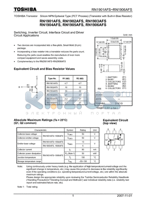 RN1901AFS datasheet - Switching, Inverter Circuit, Interface Circuit and Driver Circuit Applications