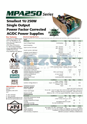 MPA250X-24Z datasheet - Smallest 1U 250W Single Output Power Factor Corrected AC/DC Power Supplies