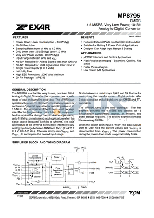 MP8795AN datasheet - CMOS 1.5 MSPS VERY LOW POWER 10-BIT ANALOG-TO-DIGITAL CONVERTER