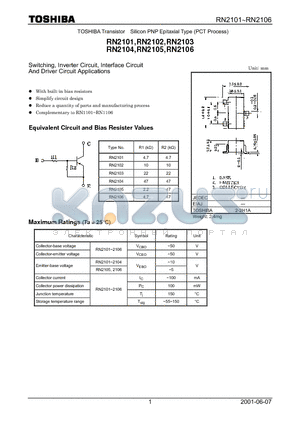 RN2102 datasheet - TOSHIBA Transistor Silicon PNP Epitaxial Type (PCT Process)