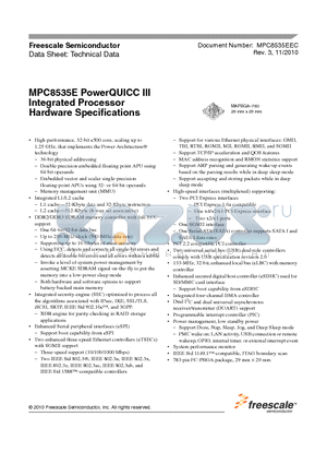 MPC8535E datasheet - Integrated Processor Hardware Specifications