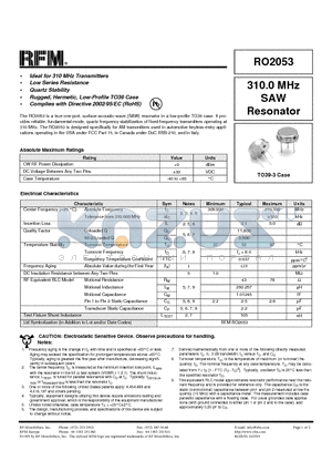 RO2053 datasheet - 310.0 MHz SAW Resonator