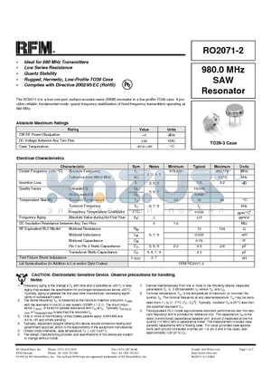 RO2071-2 datasheet - 980.0 MHz SAW Resonator