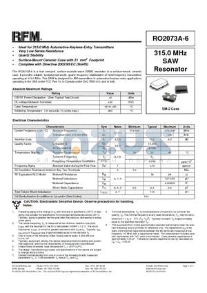 RO2073A-6 datasheet - 315.0 MHz SAW Resonator