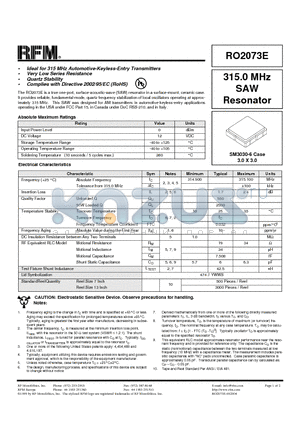 RO2073E datasheet - 315.0 MHz SAW Resonator