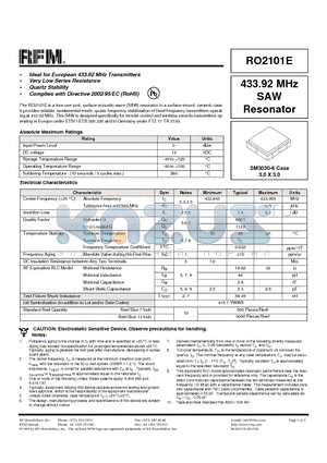 RO2101E datasheet - The RO2101E is a true one-port, surface-acoustic-wave (SAW) resonator in a surface-mount, ceramic case.
