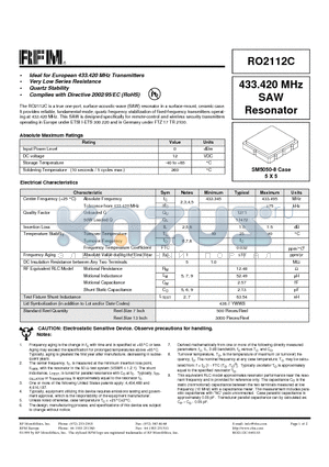 RO2112C datasheet - 433.420 MHz SAW Resonator
