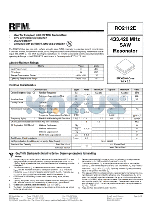 RO2112E datasheet - 433.420 MHz SAW Resonator