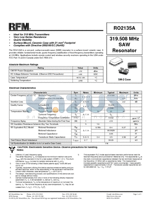 RO2135A datasheet - 319.508 MHz SAW Resonator