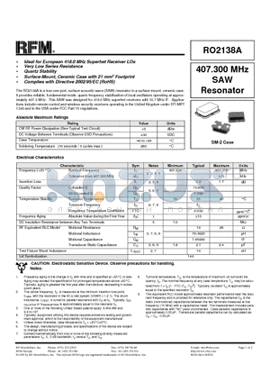 RO2138A datasheet - 407.300 MHz SAW Resonator