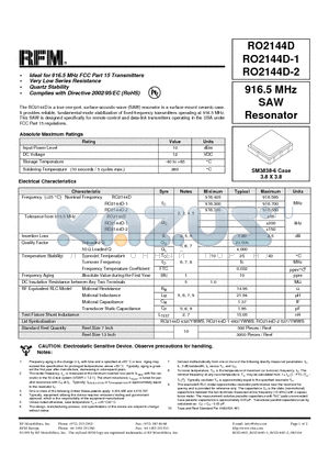 RO2144D-1 datasheet - 916.5 MHz SAW Resonator