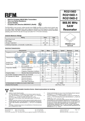 RO2156D-1 datasheet - 868.95 MHz SAW Resonator