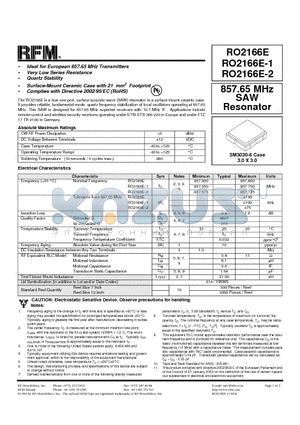 RO2166E-1 datasheet - 857.65 MHz SAW Resonator