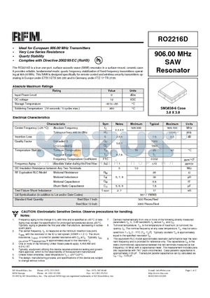 RO2216D-6 datasheet - Ideal for European 905.800 MHz Transmitters