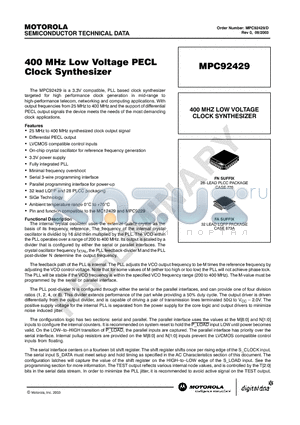 MPC92429 datasheet - 400 MHz Low Voltage PECL Clock Synthesizer