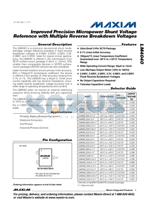 LM4040 datasheet - Improved Precision Micropower Shunt Voltage Reference with Multiple Reverse Breakdown Voltages