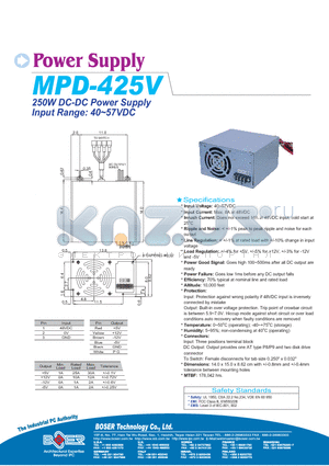 MPD-425V datasheet - 250W DC-DC POWER SUPPLY INPUT RANGE: 40~57VDC