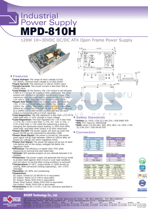 MPD-810H datasheet - 120W 10~30VDC DC/DC ATX Open Frame Power Supply