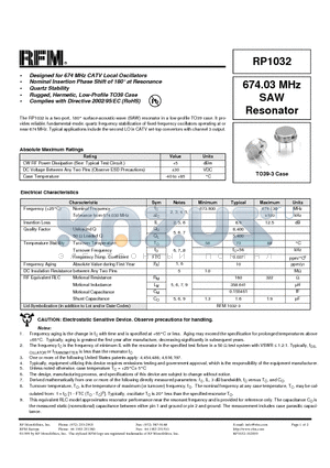 RP1032 datasheet - 674.03 MHz SAW Resonator