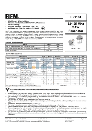 RP1104 datasheet - 824.25 MHz SAW Resonator