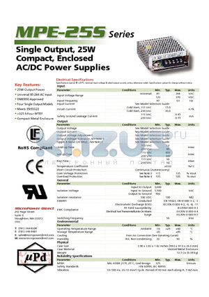 MPE-25S-05 datasheet - Single Output, 25W Compact, Enclosed AC/DC Power Supplies