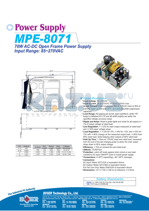 MPE-8071 datasheet - 70W AC-DC OPEN FRAME POWER SUPPLY INPUT RANGE : 85-270VAC