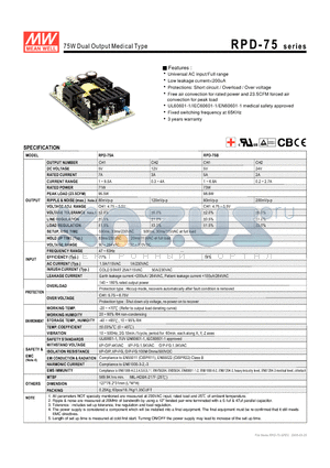 RPD-75B datasheet - 75W Dual Output Medical Type