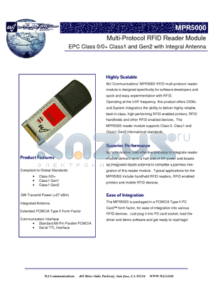 MPR5000 datasheet - Multi-Protocol RFID Reader Module EPC Class 0/0 Class1 and Gen2 with Integral Antenna