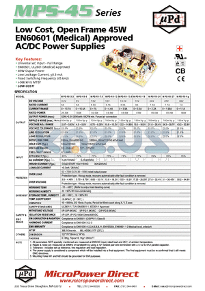 MPS-45 datasheet - Low Cost, Open Frame 45W EN60601 (Medical) Approved AC/DC Power Supplies