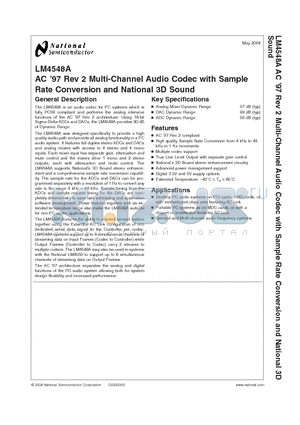 LM4548A datasheet - AC 97 Rev 2 Multi-Channel Audio Codec with Sample Rate Conversion and National 3D Sound