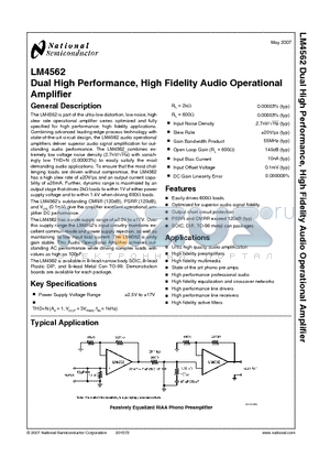 LM4562HA datasheet - Dual High Performance, High Fidelity Audio Operational Amplifier