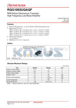 RQG1003UQAQF datasheet - NPN Silicon Germanium Transistor High Frequency Low Noise Amplifier