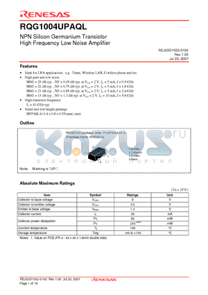 RQG1004UPAQL datasheet - NPN Silicon Germanium Transistor High Frequency Low Noise Amplifier