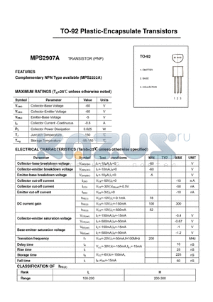 MPS2907A datasheet - TO-92 Plastic-Encapsulate Transistors