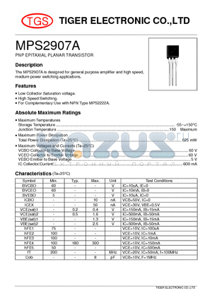 MPS2907A datasheet - PNP EPITAXIAL PLANAR TRANSISTOR