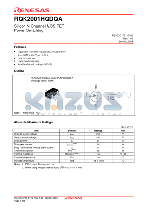 RQK2001HQDQA datasheet - Silicon N Channel MOS FET Power Switching