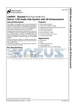 LM4844 datasheet - Stereo 1.2W Audio Sub-System with 3D Enhancement