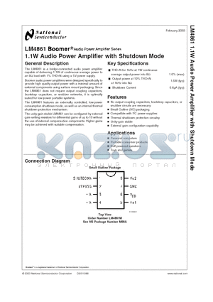 LM4861 datasheet - 1.1W Audio Power Amplifier with Shutdown Mode