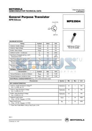 MPS3904 datasheet - General Purpose Transistor(NPN Silicon)
