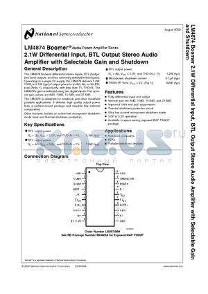 LM4874MH datasheet - 2.1W Differential Input, BTL Output Stereo Audio Amplifier with Selectable Gain and Shutdown