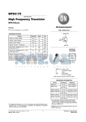 MPS5179RLRA datasheet - High Frequency Transistor NPN Silicon