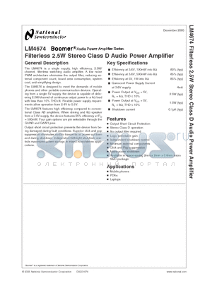 LM4674TL datasheet - Filterless 2.5W Stereo Class D Audio Power Amplifier
