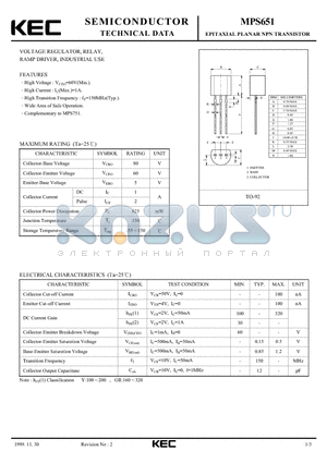 MPS651 datasheet - EPITAXIAL PLANAR NPN TRANSISTOR (VOLTAGE REGULATOR RELAY RAMP DRIVER, INDUSTRIAL USE)