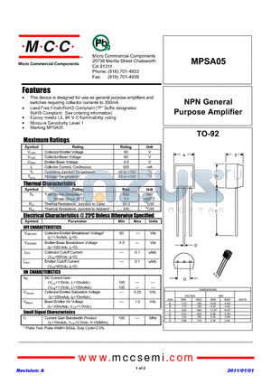 MPSA05 datasheet - NPN General Purpose Amplifier