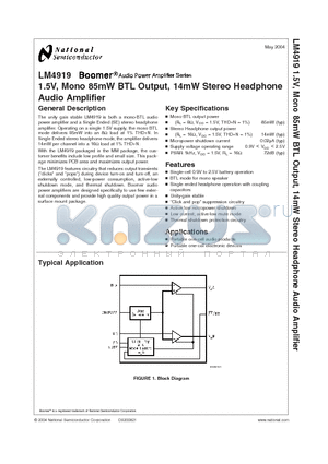 LM4919 datasheet - 1.5V, Mono 85mW BTL Output, 14mW Stereo Headphone Audio Amplifier