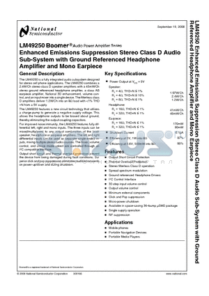 LM49250 datasheet - Enhanced Emissions Suppression Stereo Class D Audio Sub-System with Ground Referenced Headphone Amplifier and Mono Earpiece
