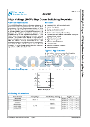 LM5008 datasheet - High Voltage (100V) Step Down Switching Regulator