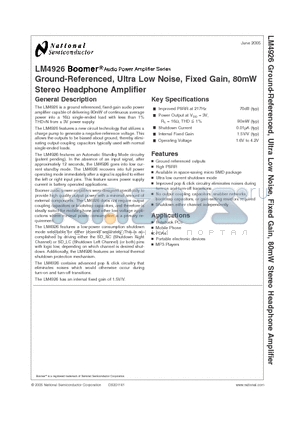 LM4926 datasheet - Ground-Referenced, Ultra Low Noise, Fixed Gain, 80mW Stereo Headphone Amplifier