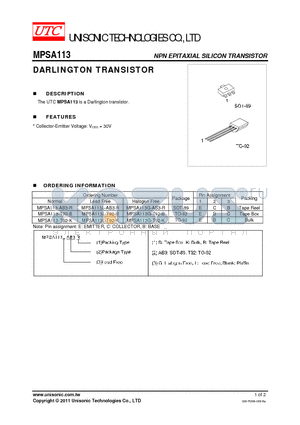 MPSA113G-T92-B datasheet - DARLINGTON TRANSISTOR